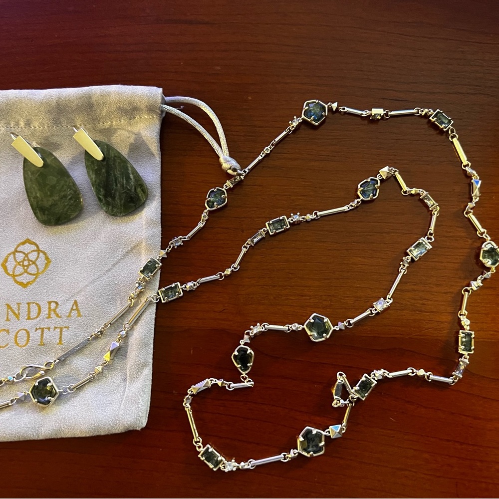 Kendra Scott long necklace and earrings, gold and green